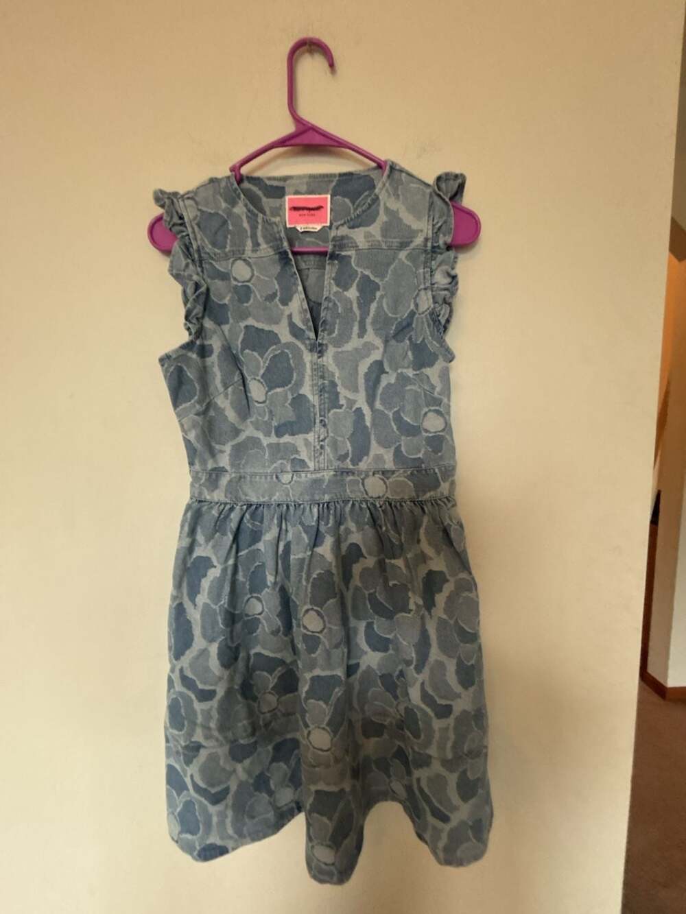 Kate Spade New York Abstract Peony Denim Ruffle Sleeveless Fit and Flare Dress